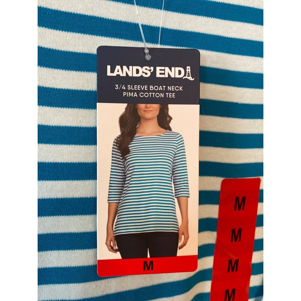 Lands End 3/4 Sleeve Boat Neck Pima Cotton Tee Size M Teal & White Striped Top